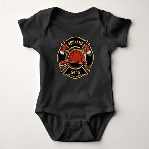 Firefighter ADD NAME Fire Station Department Badge Baby Bodysuit