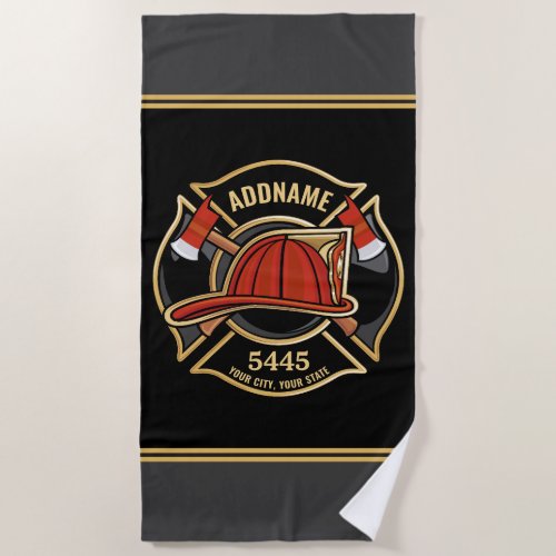 Firefighter ADD NAME Fire Station Department Badge Beach Towel