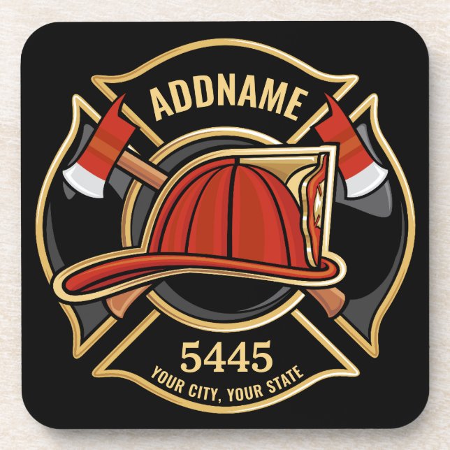 Firefighter ADD NAME Fire Station Department Badge Beverage Coaster (Front)