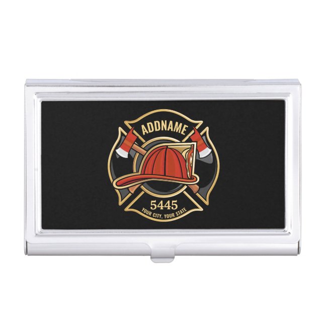 Firefighter ADD NAME Fire Station Department Badge Business Card Case (Front)