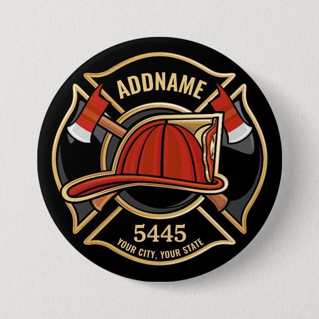 Firefighter ADD NAME Fire Station Department Badge Button (Front)