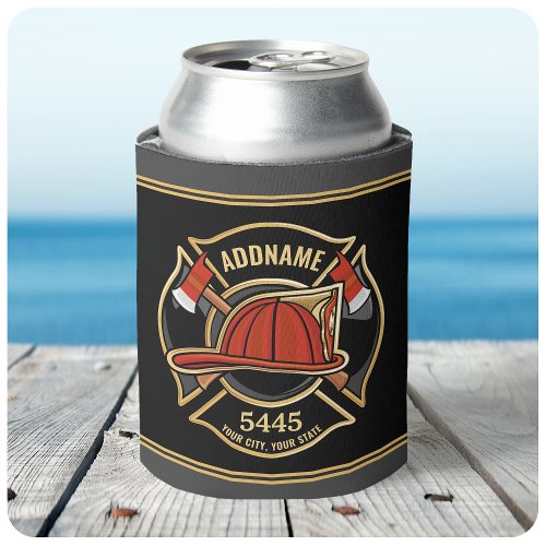 Firefighter ADD NAME Fire Station Department Badge Can Cooler