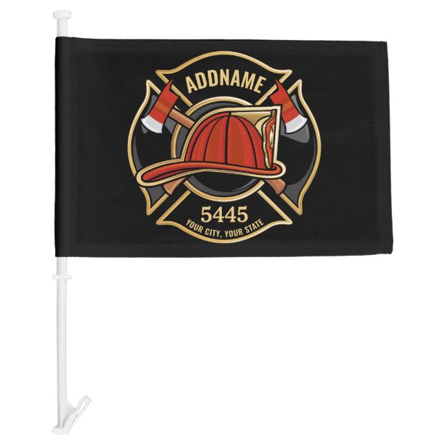 Firefighter ADD NAME Fire Station Department Badge Car Flag (Front)