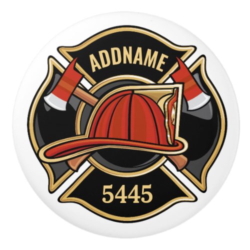 Firefighter ADD NAME Fire Station Department Badge Ceramic Knob