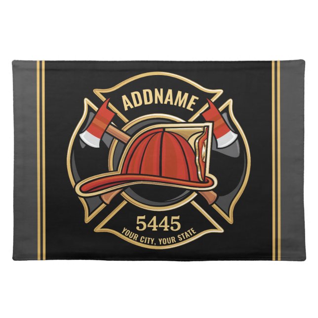 Firefighter ADD NAME Fire Station Department Badge Cloth Placemat (Front)