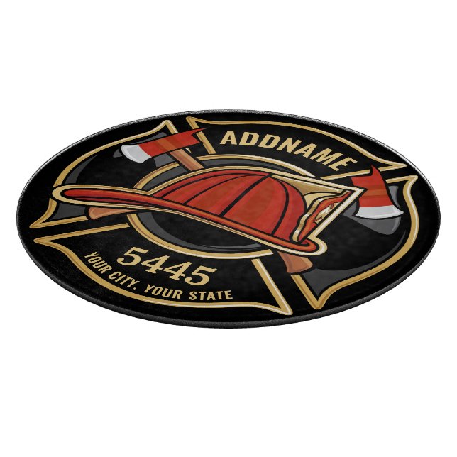 Firefighter ADD NAME Fire Station Department Badge Cutting Board (Corner)