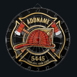 Firefighter ADD NAME Fire Station Department Badge Dart Board<br><div class="desc">Firefighter NAME Fireman Fire Department - Emblem with Red Helmet and Axe. Customize with your Name,  Station/Dept Number and location.</div>