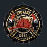 Firefighter ADD NAME Fire Station Department Badge Dart Board<br><div class="desc">Firefighter NAME Fireman Fire Department - Emblem with Red Helmet and Axe. Customize with your Name,  Station/Dept Number and location.</div>