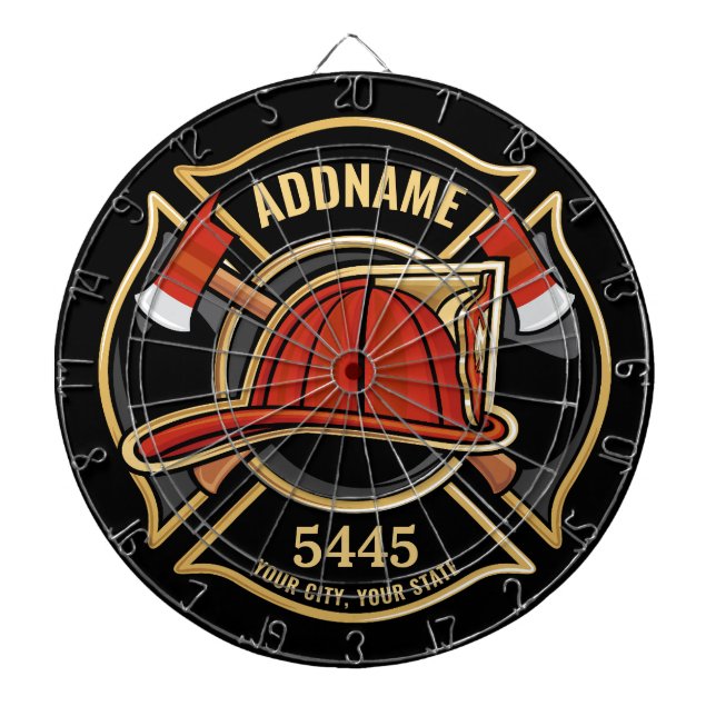 Firefighter ADD NAME Fire Station Department Badge Dart Board (Front)