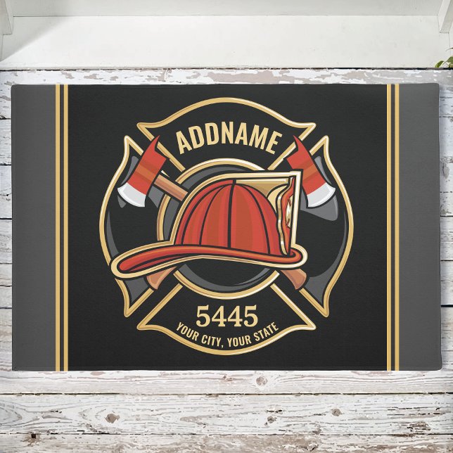 Firefighter ADD NAME Fire Station Department Badge Doormat (Creator Uploaded)