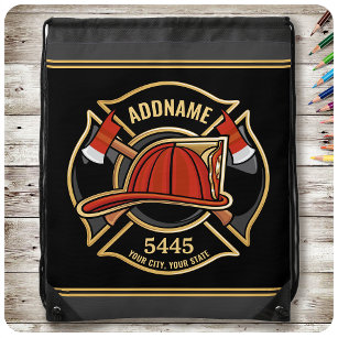 Firefighter ADD NAME Fire Station Department Badge Drawstring Bag
