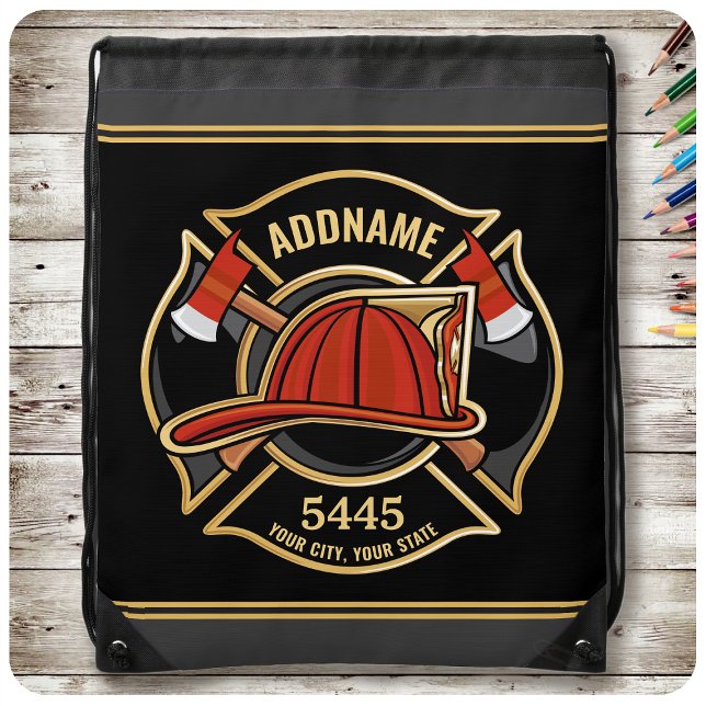 Firefighter ADD NAME Fire Station Department Badge Drawstring Bag (Creator Uploaded)