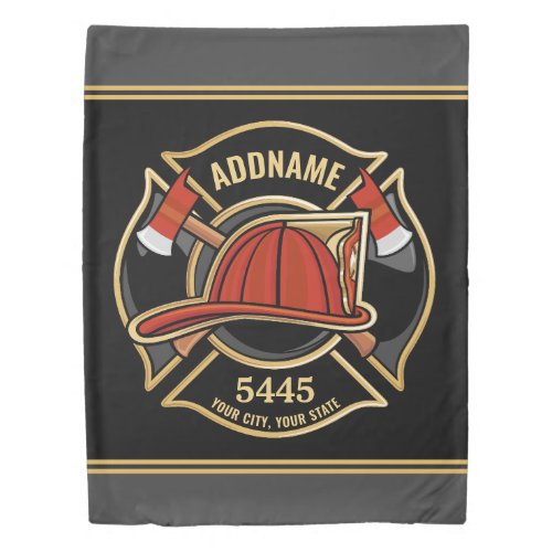 Firefighter ADD NAME Fire Station Department Badge Duvet Cover