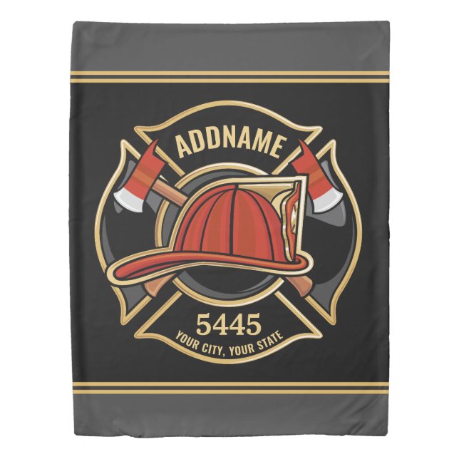 Firefighter ADD NAME Fire Station Department Badge Duvet Cover (Front)