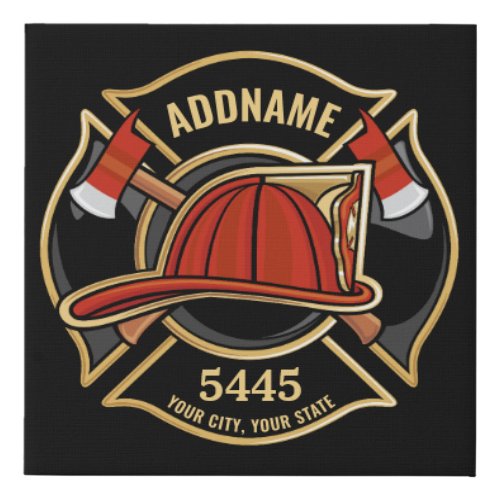 Firefighter ADD NAME Fire Station Department Badge Faux Canvas Print