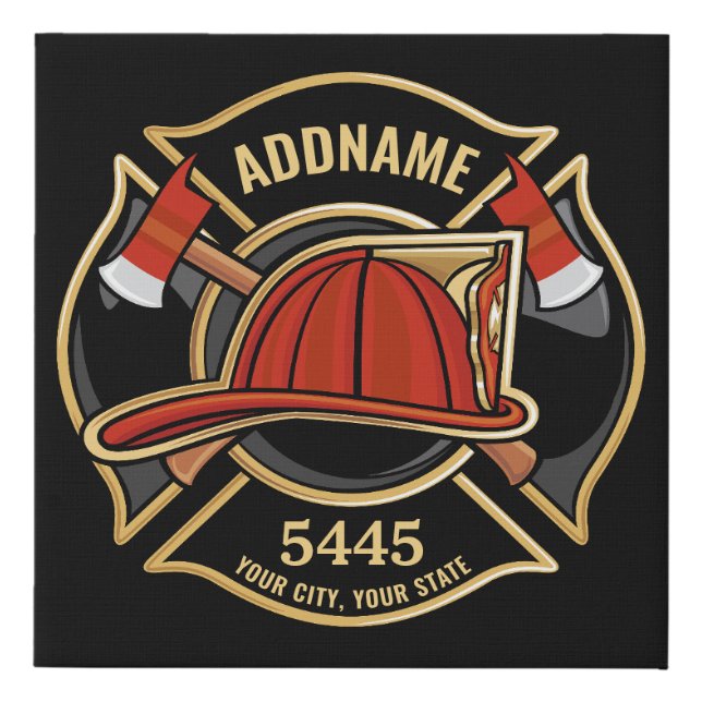 Firefighter ADD NAME Fire Station Department Badge Faux Canvas Print (Front)