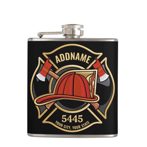 Firefighter ADD NAME Fire Station Department Badge Flask