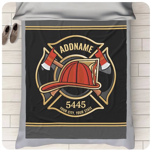 Firefighter ADD NAME Fire Station Department Badge Fleece Blanket