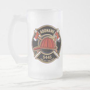 Firefighter ADD NAME Fire Station Department Badge Frosted Glass Beer Mug