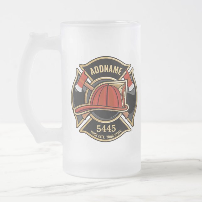 Firefighter ADD NAME Fire Station Department Badge Frosted Glass Beer Mug (Left)