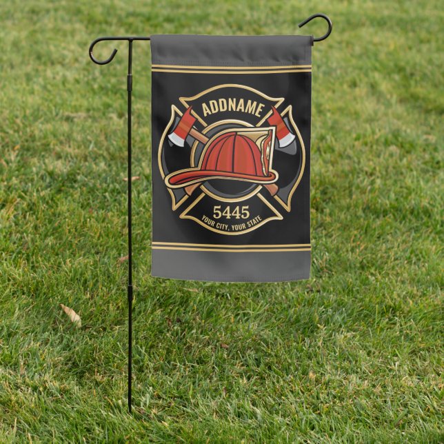 Firefighter ADD NAME Fire Station Department Badge Garden Flag (In SItu)
