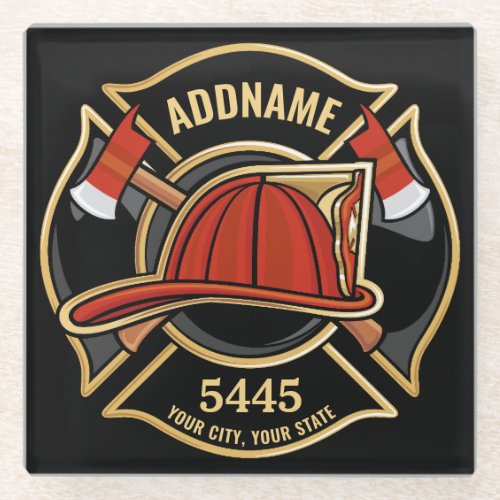 Firefighter ADD NAME Fire Station Department Badge Glass Coaster