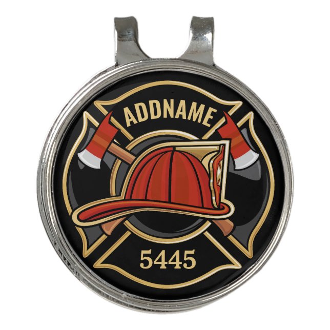 Firefighter ADD NAME Fire Station Department Badge Golf Hat Clip (Front)