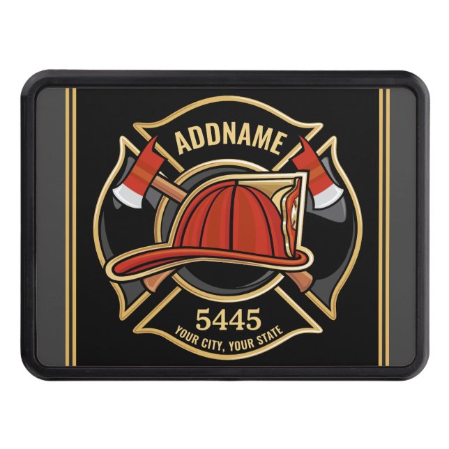 Firefighter ADD NAME Fire Station Department Badge Hitch Cover (Front)