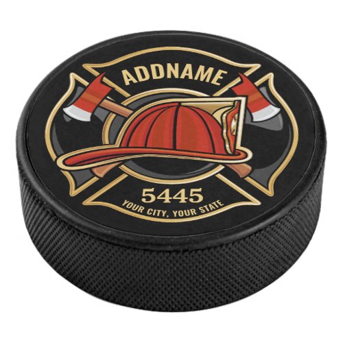 Firefighter ADD NAME Fire Station Department Badge Hockey Puck