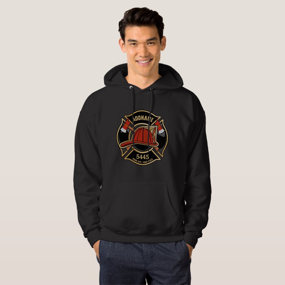 Discover Firefighter ADD NAME Fire Station Department Badge Hoodie