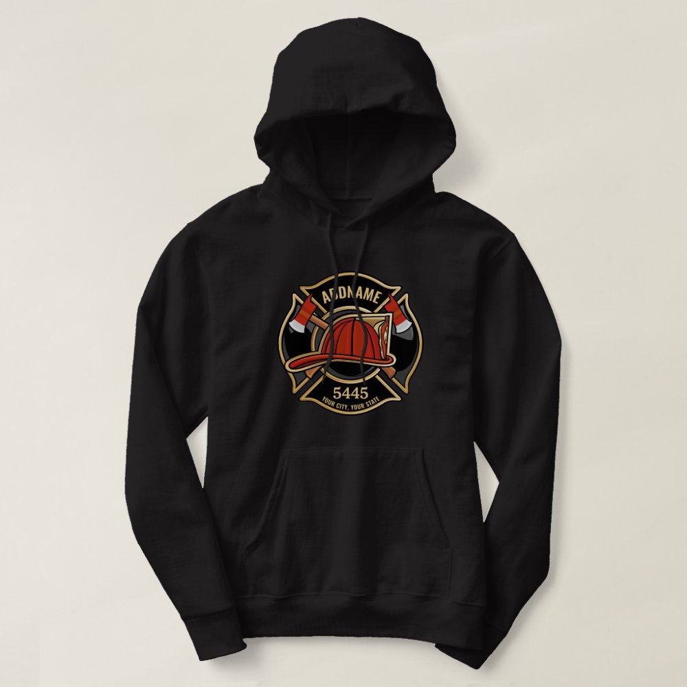 Discover Firefighter ADD NAME Fire Station Department Badge Hoodie