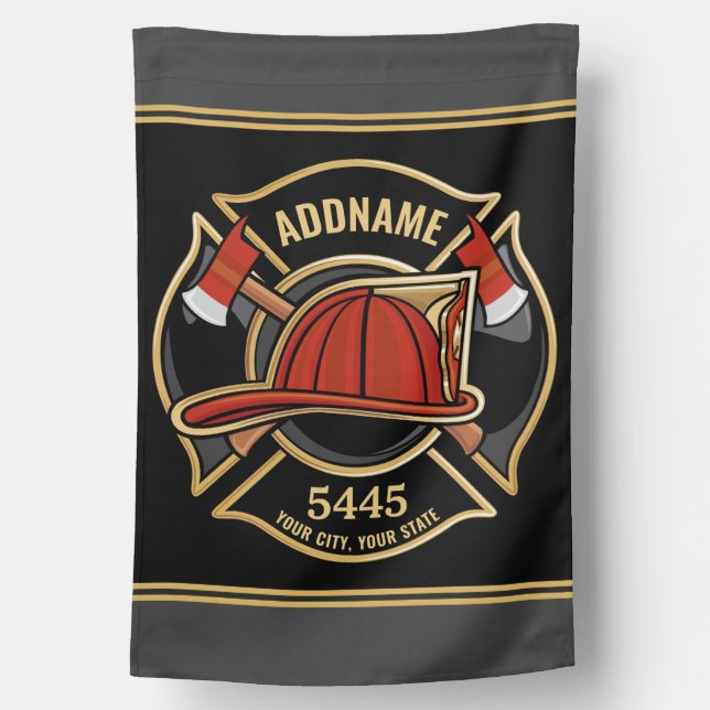 Firefighter ADD NAME Fire Station Department Badge House Flag (Back)