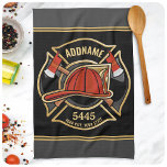 Firefighter ADD NAME Fire Station Department Badge Kitchen Towel<br><div class="desc">Firefighter NAME Fireman Fire Department - Emblem with Red Helmet and Axe. Customize with your Name,  Station/Dept Number and location.</div>