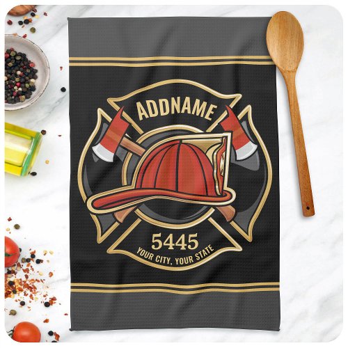 Firefighter ADD NAME Fire Station Department Badge Kitchen Towel