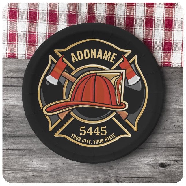 Firefighter ADD NAME Fire Station Department Badge Paper Plates (Creator Uploaded)