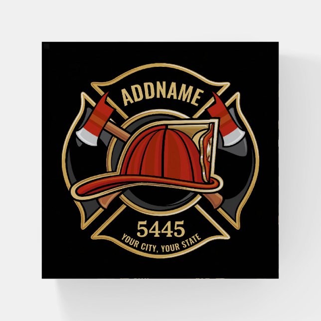 Firefighter ADD NAME Fire Station Department Badge Paperweight (Front)