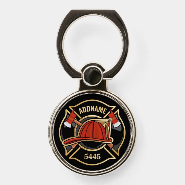 Firefighter ADD NAME Fire Station Department Badge Phone Ring Stand (Front)