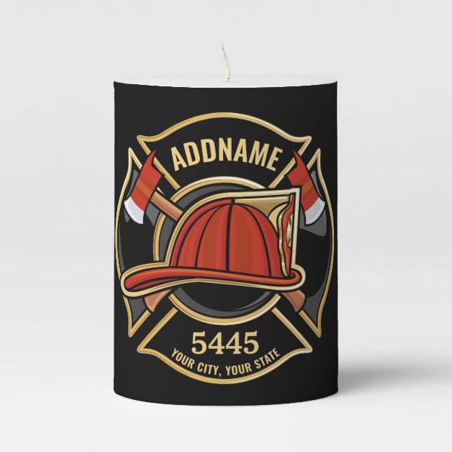 Firefighter ADD NAME Fire Station Department Badge Pillar Candle (Front)