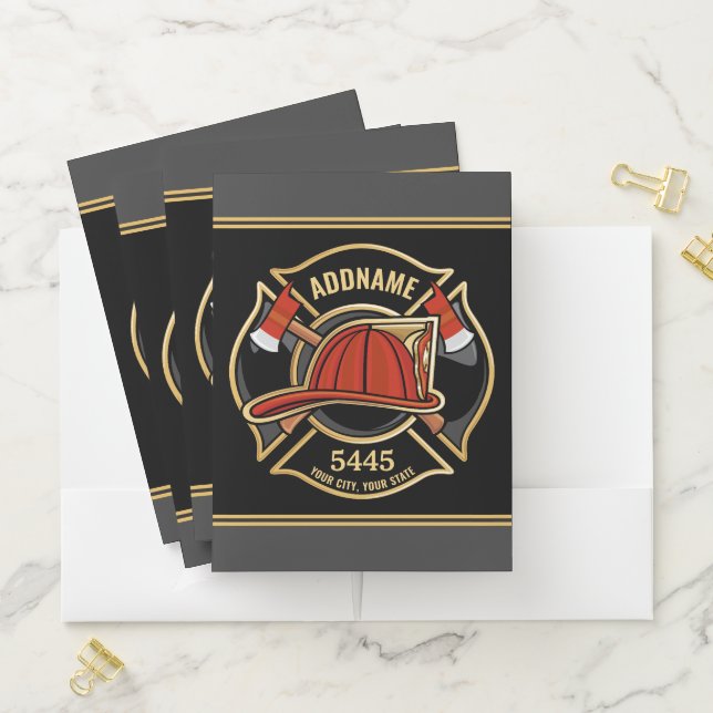 Firefighter ADD NAME Fire Station Department Badge Pocket Folder (In Situ)