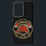 Firefighter ADD NAME Fire Station Department Badge Samsung Galaxy S21 Ultra Case<br><div class="desc">Firefighter NAME Fireman Fire Department - Emblem with Red Helmet and Axe. Customize with your Name,  Station/Dept Number and location.</div>