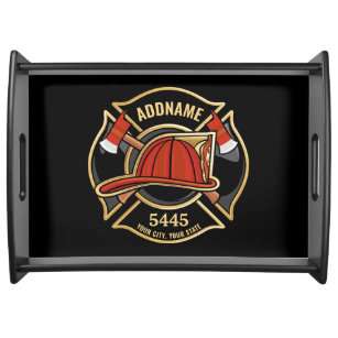 Firefighter ADD NAME Fire Station Department Badge Serving Tray