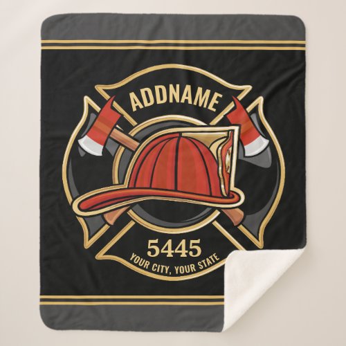 Firefighter ADD NAME Fire Station Department Badge Sherpa Blanket