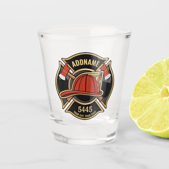 Firefighter ADD NAME Fire Station Department Badge Shot Glass (Front)