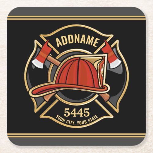 Firefighter ADD NAME Fire Station Department Badge Square Paper Coaster