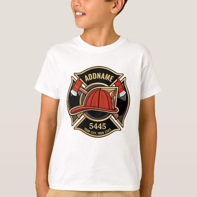 Firefighter ADD NAME Fire Station Department Badge T-Shirt (Front)