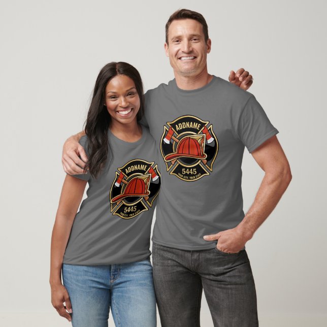 Firefighter ADD NAME Fire Station Department Badge T-Shirt (Unisex)