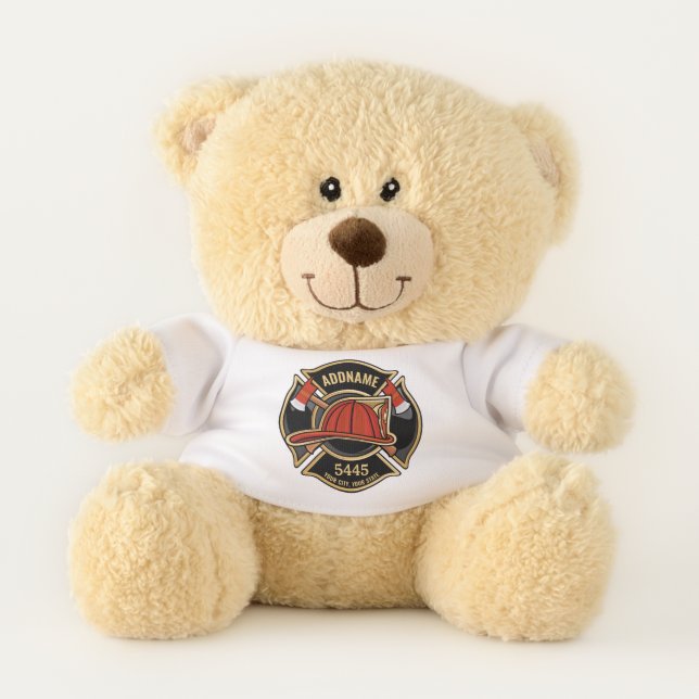 Firefighter ADD NAME Fire Station Department Badge Teddy Bear (Front)