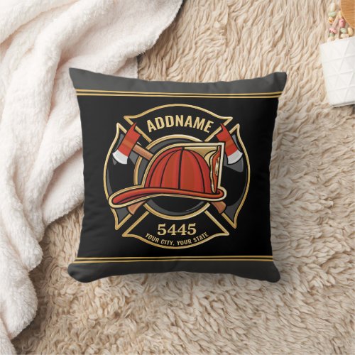 Firefighter ADD NAME Fire Station Department Badge Throw Pillow