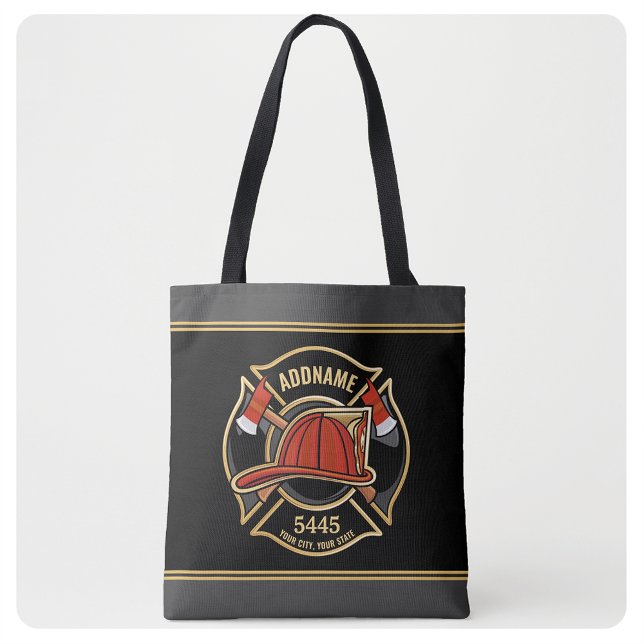 Firefighter ADD NAME Fire Station Department Badge Tote Bag (Creator Uploaded)
