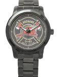 Firefighter ADD NAME Fire Station Department Badge Watch<br><div class="desc">Firefighter NAME Fireman Fire Department - Emblem with Red Helmet and Axe. Customize with your Name,  Station/Dept Number and location.</div>